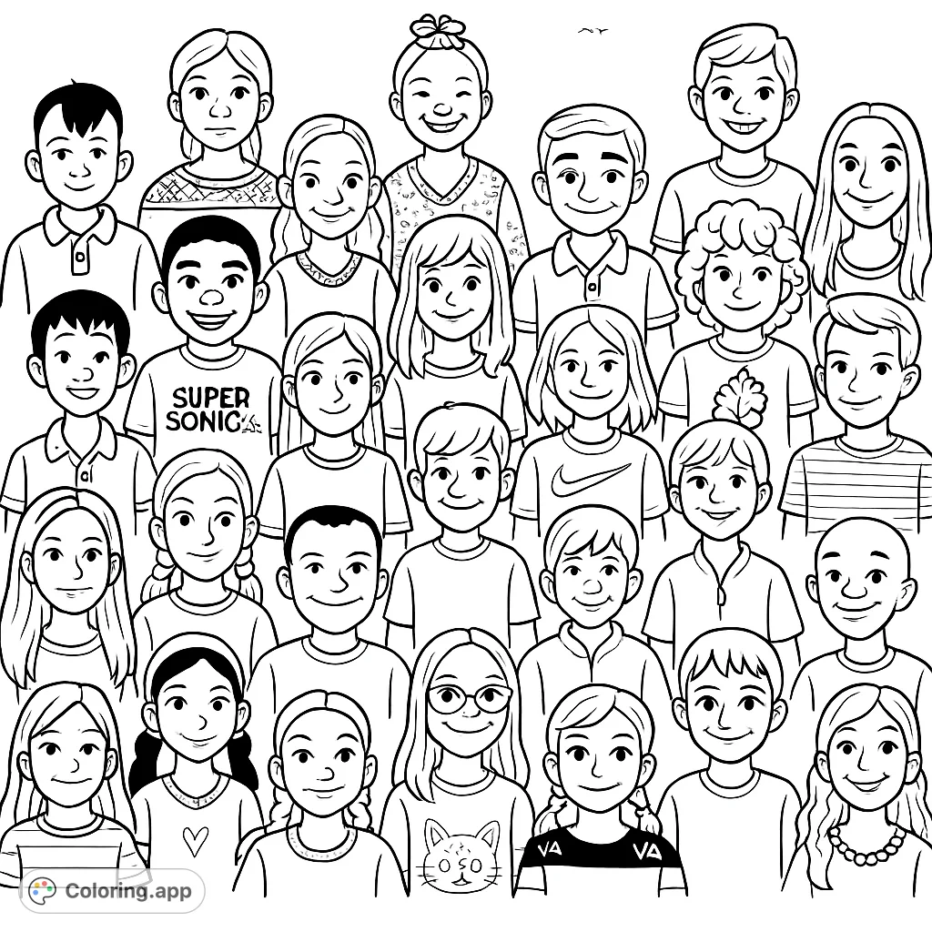 Explore a delightful collection of diverse children's faces, each with unique expressions and features. A cheerful coloring page for all ages to enjoy!