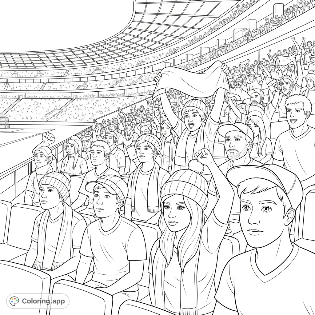 Experience the thrill of a soccer match! This free printable coloring page captures a close-up of enthusiastic fans, stadium seats, and the grandstand structure, offering a vibrant scene.