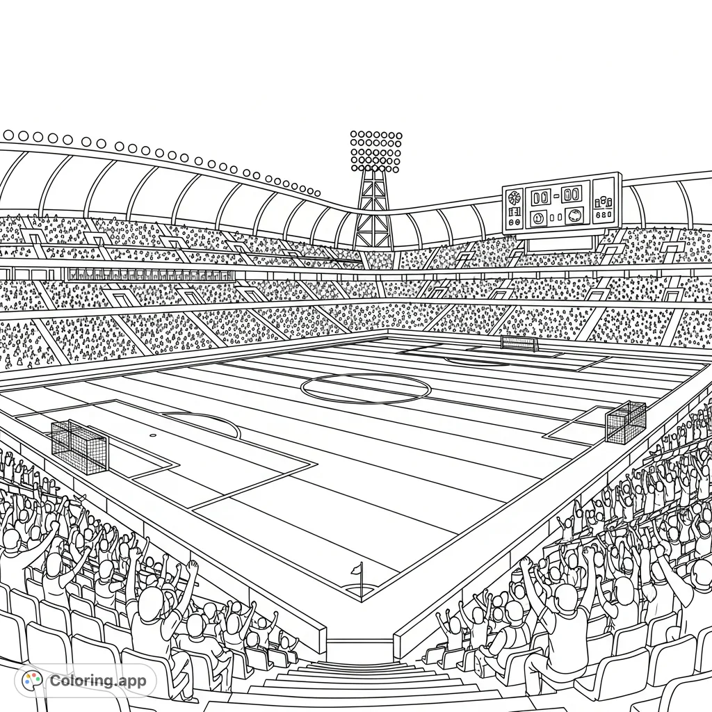 Immerse yourself in the thrilling atmosphere of a packed soccer stadium, featuring a detailed field, cheering fans, and a prominent scoreboard, ready for your artistic touch.