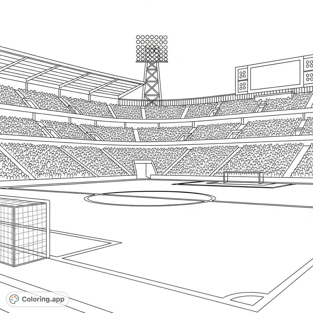 Capture the thrill of a live soccer match with this detailed coloring page featuring a grand stadium, a lively crowd, and a partial view of the field.