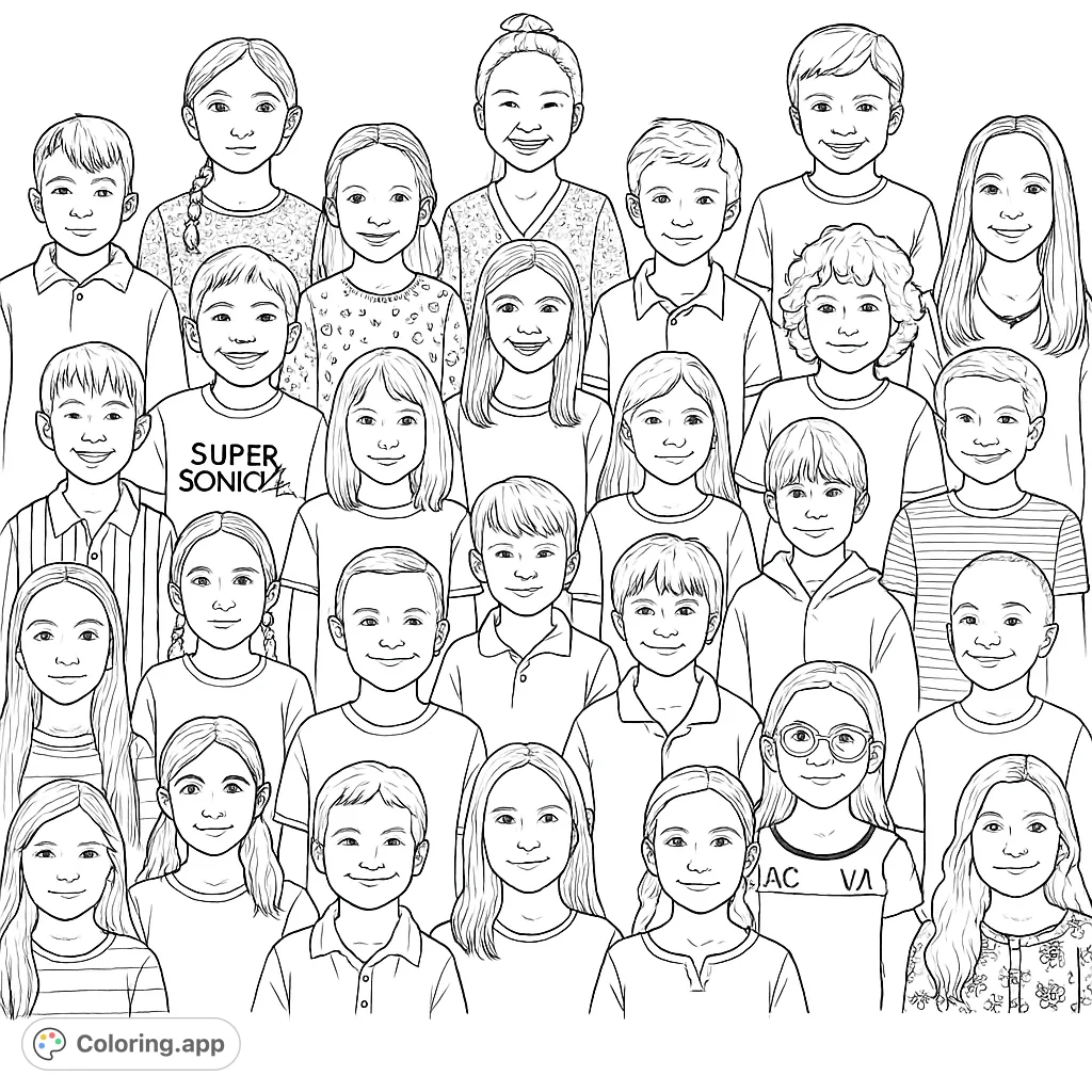 A collection of 25 diverse children's portraits, each beaming with unique smiles and varying hairstyles, arranged for a joyful coloring experience.