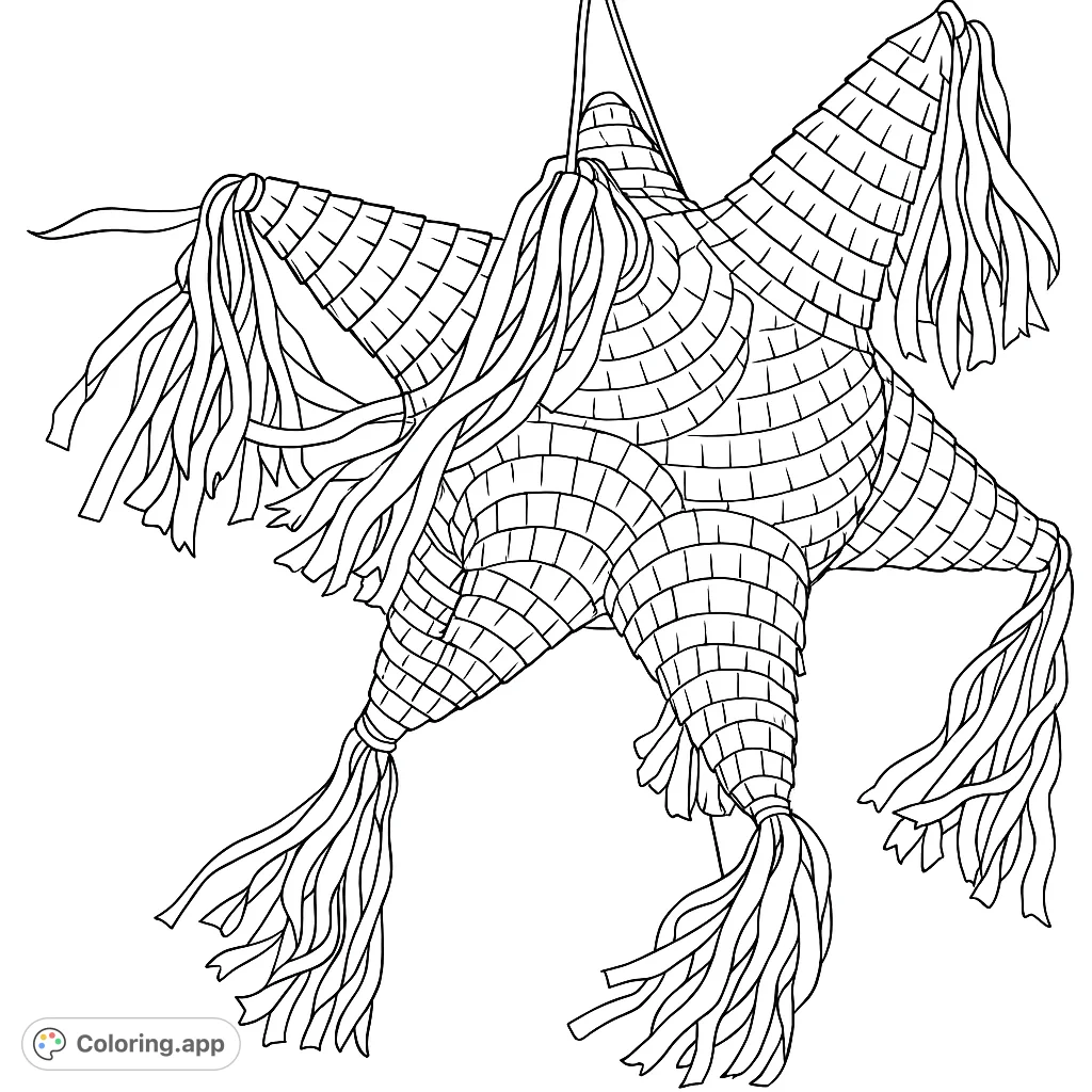 A detailed star-shaped piñata coloring page covered in fringed paper and flowing streamers, perfect for festive coloring fun. A free printable celebration coloring page.