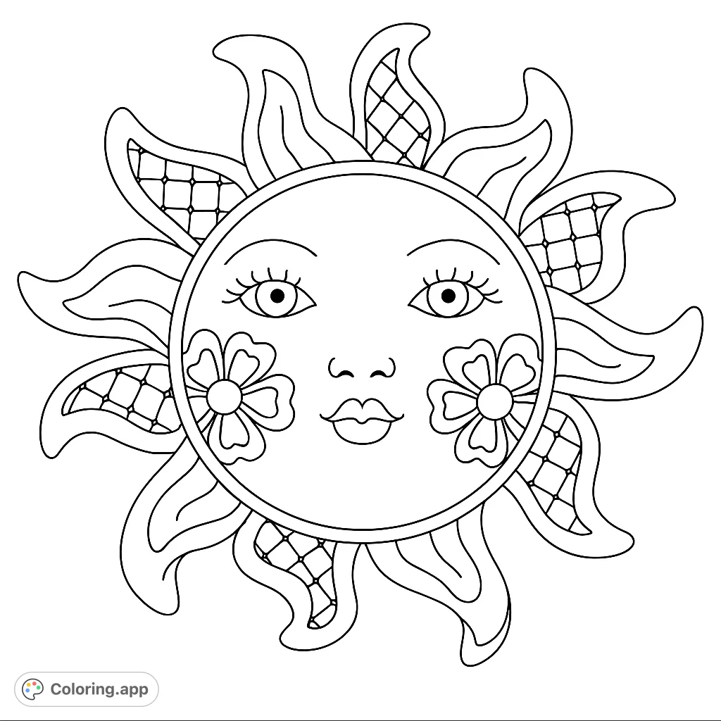 A cheerful celestial sun with a smiling face, decorative floral cheek details, and alternating patterned and solid rays. A vibrant design for creative coloring.