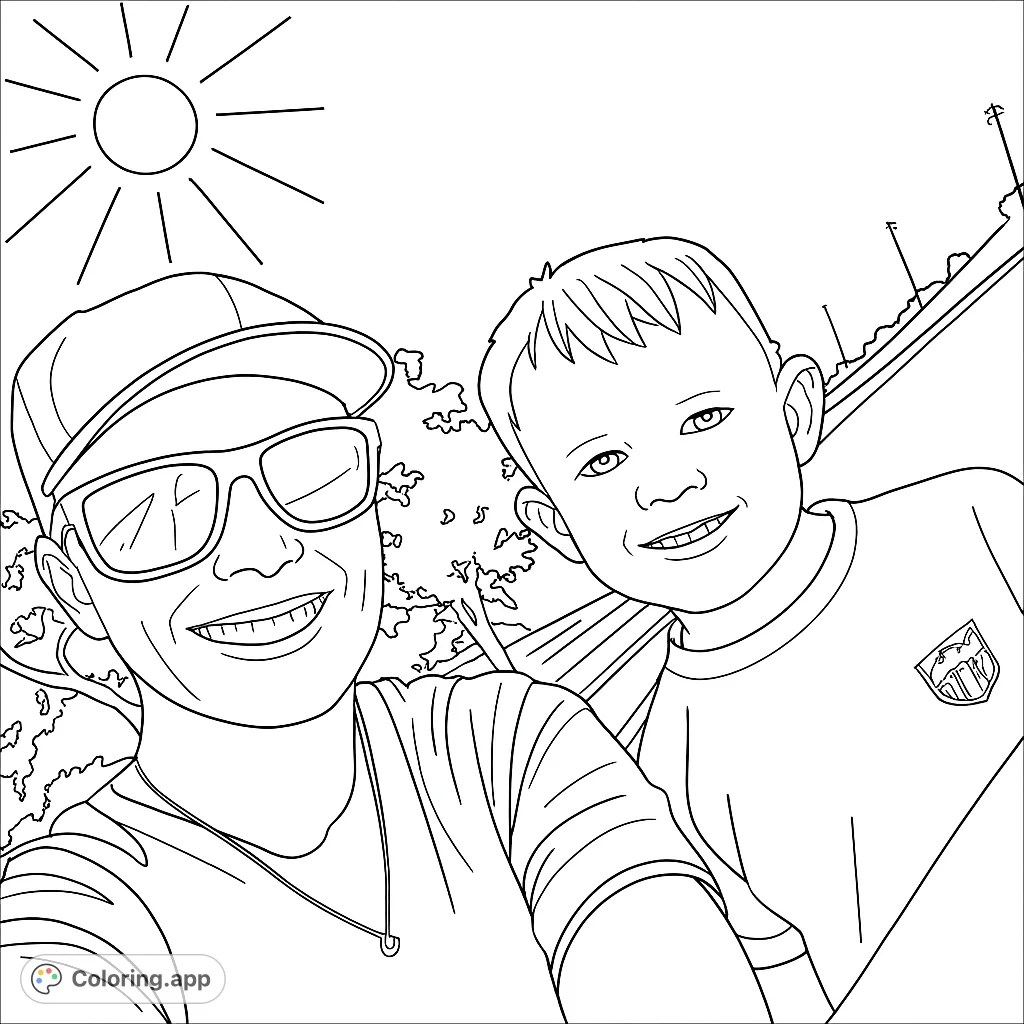 Capture a cheerful outdoor moment with a smiling adult and child. This free printable family portrait coloring page offers a delightful scene for all ages to enjoy.