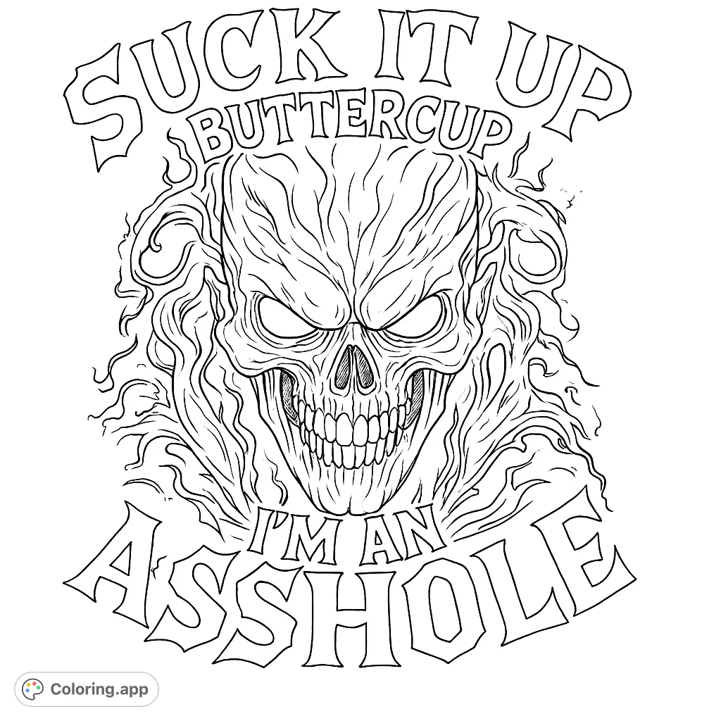 Unleash your creativity with this intense skull coloring page, featuring intricate details, swirling energy, and bold typography for a powerful statement.