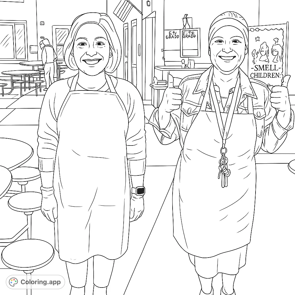 Two smiling school staff members in aprons, ready to assist in a school setting with cafeteria tables and seasonal decorations. A welcoming scene for all.