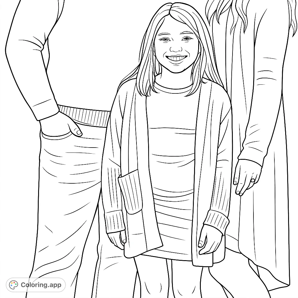 A heartwarming family portrait of a smiling young girl flanked by two adults. Perfect for celebrating connections and expressing joy through color.