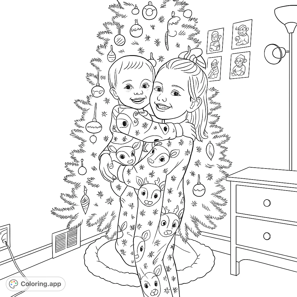 A heartwarming holiday scene featuring two happy siblings in patterned pajamas, embracing in front of a festive, decorated tree. Perfect for family fun.