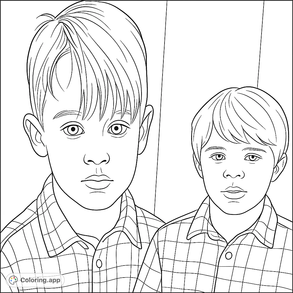 A unique coloring page featuring two young boys, one a large projection and the other standing beside him, both in plaid shirts with similar youthful looks.