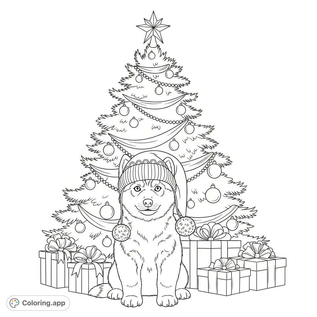 A charming husky puppy in a festive cap poses in front of a decorated conifer tree with gifts, perfect for a cozy holiday coloring experience.
