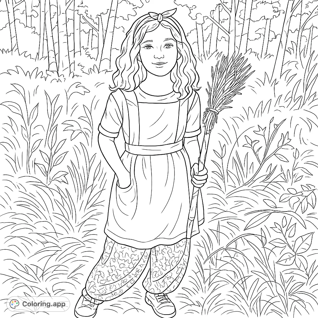 A charming field girl with curly hair, wearing an apron and patterned pants, holds a rustic harvest bundle in a serene woodland setting.