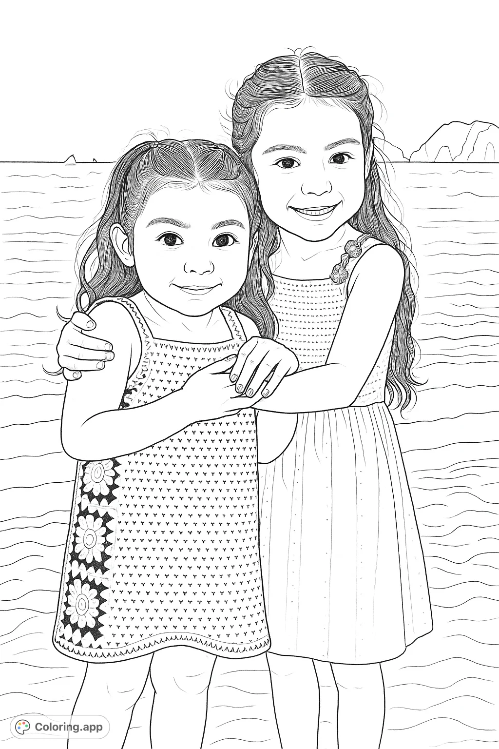 Two smiling girls on a beach, sharing a warm embrace. Features textured dresses and a coastal background, perfect for a heartfelt coloring experience.