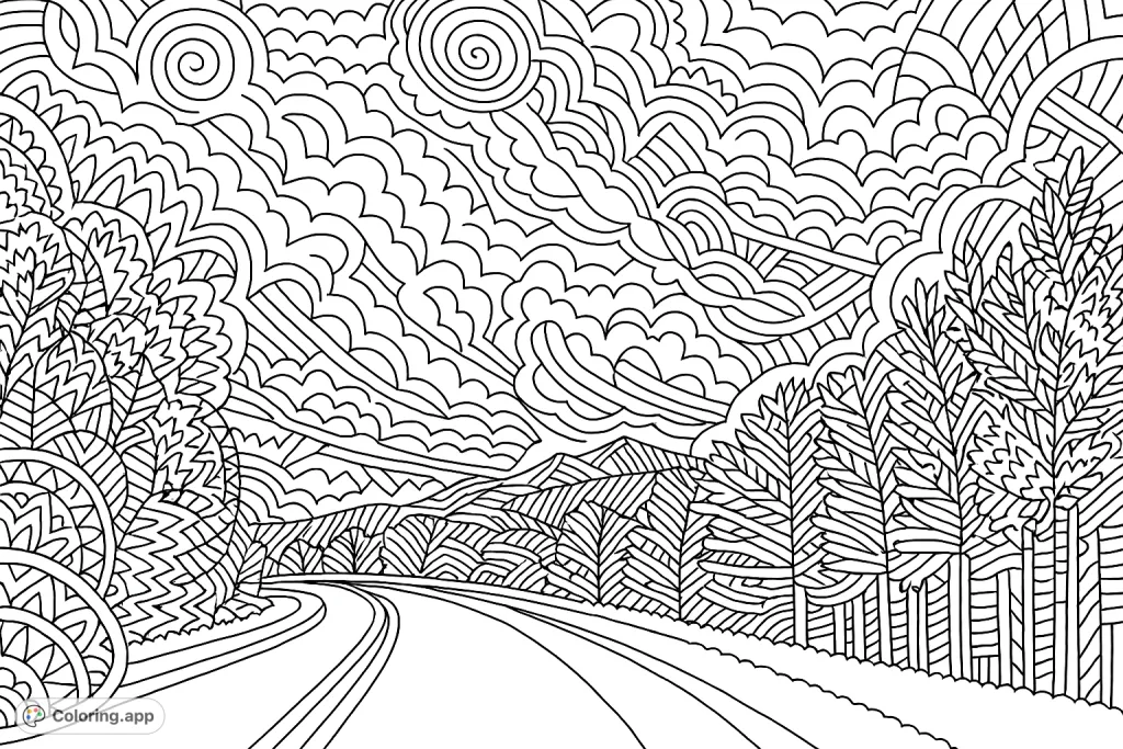 A winding road through dense forests leading to majestic mountains under a dynamic sky. Perfect for nature lovers and abstract pattern enthusiasts.