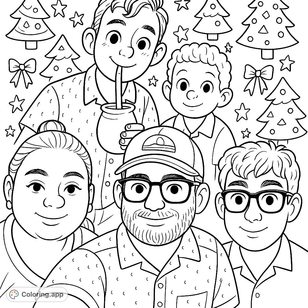A heartwarming festive family portrait coloring page featuring five smiling individuals and holiday decorations. A free printable family coloring page for all ages.