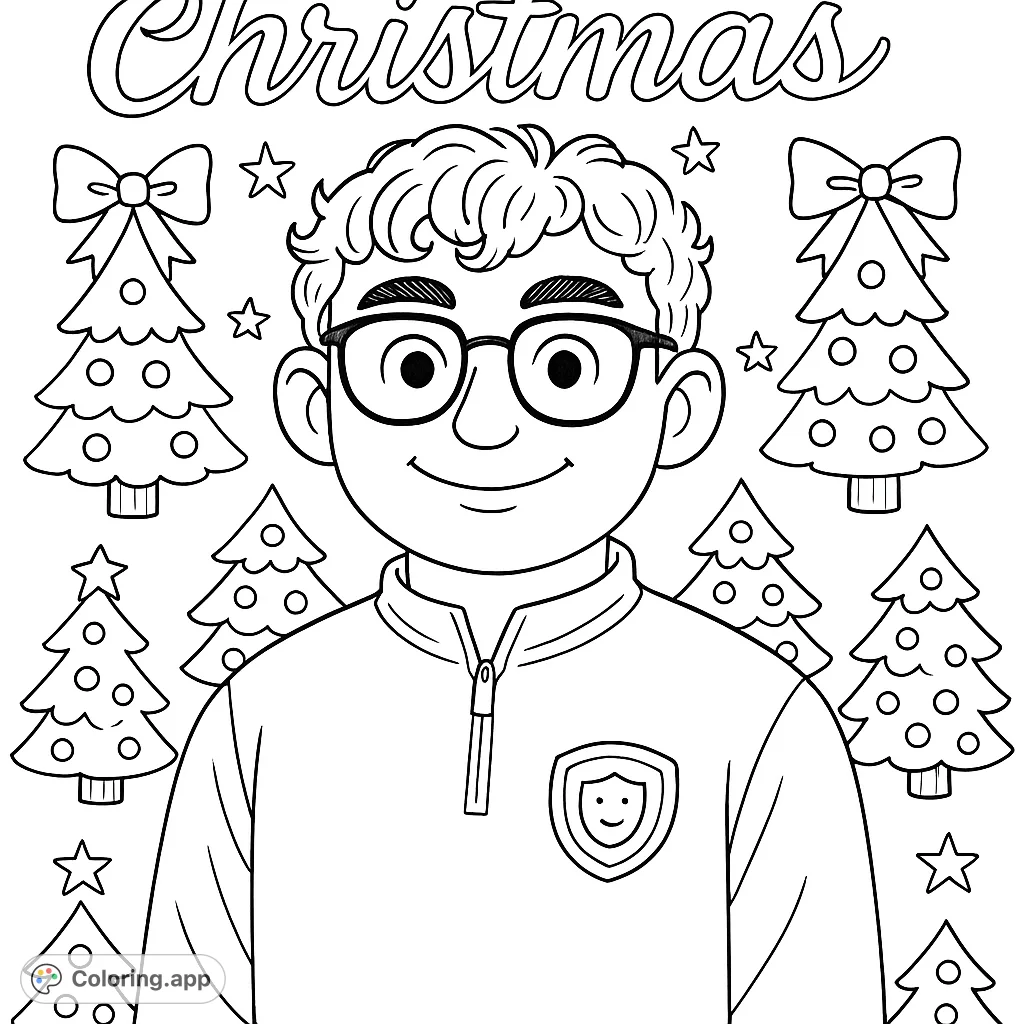 A smiling kid with glasses surrounded by festive Christmas trees, bows, and stars. A cheerful holiday coloring page for all ages.