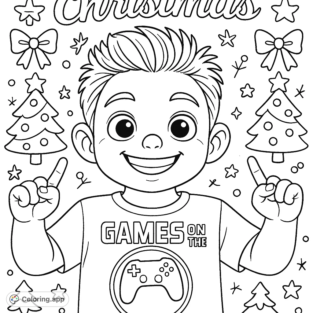 A joyful boy surrounded by festive holiday decorations, perfect for young gamers to color. Features Christmas trees, bows, and a gaming-themed shirt.