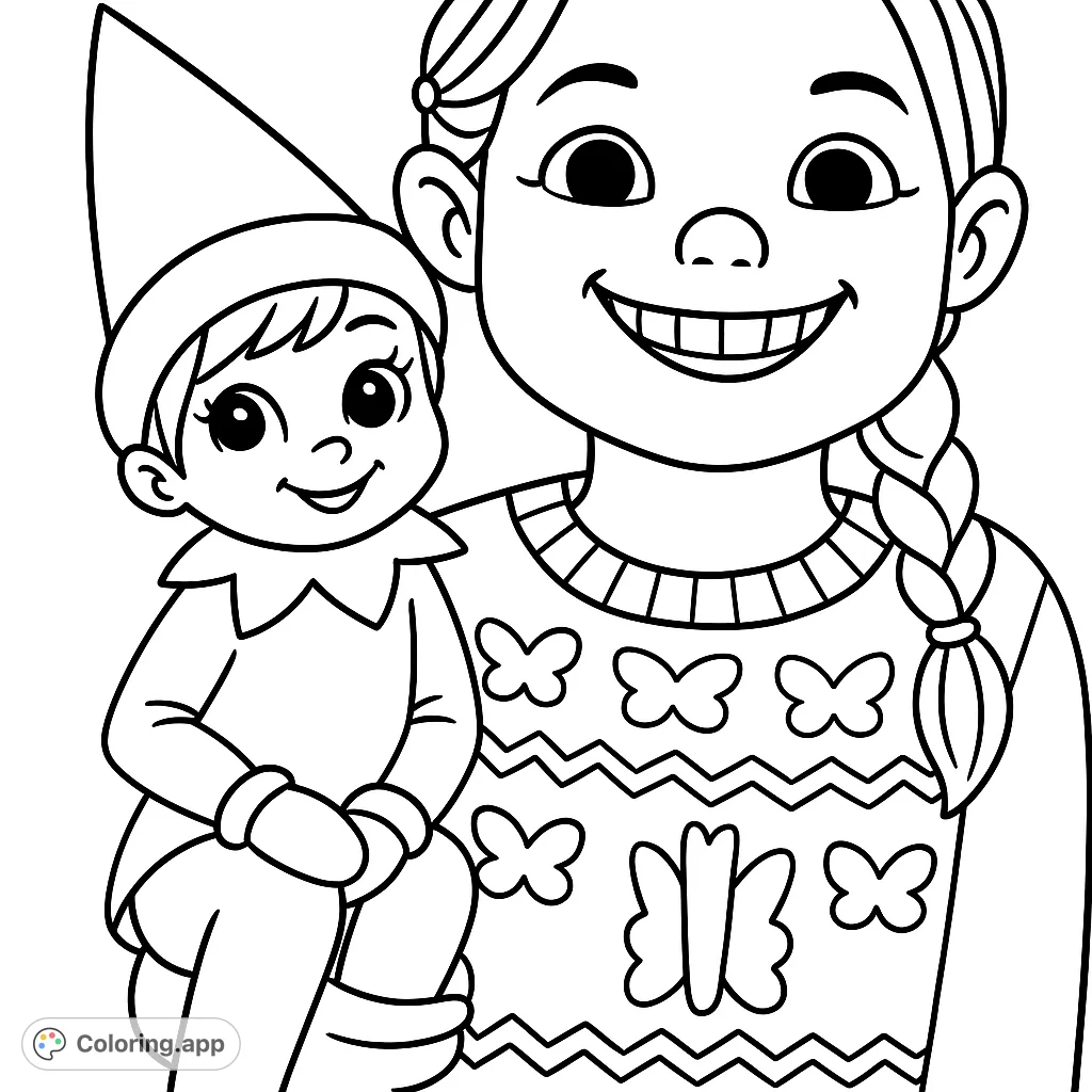 A heartwarming coloring page of a smiling girl embracing her festive elf doll, featuring a sweater with charming patterns. Ideal for joyful coloring.