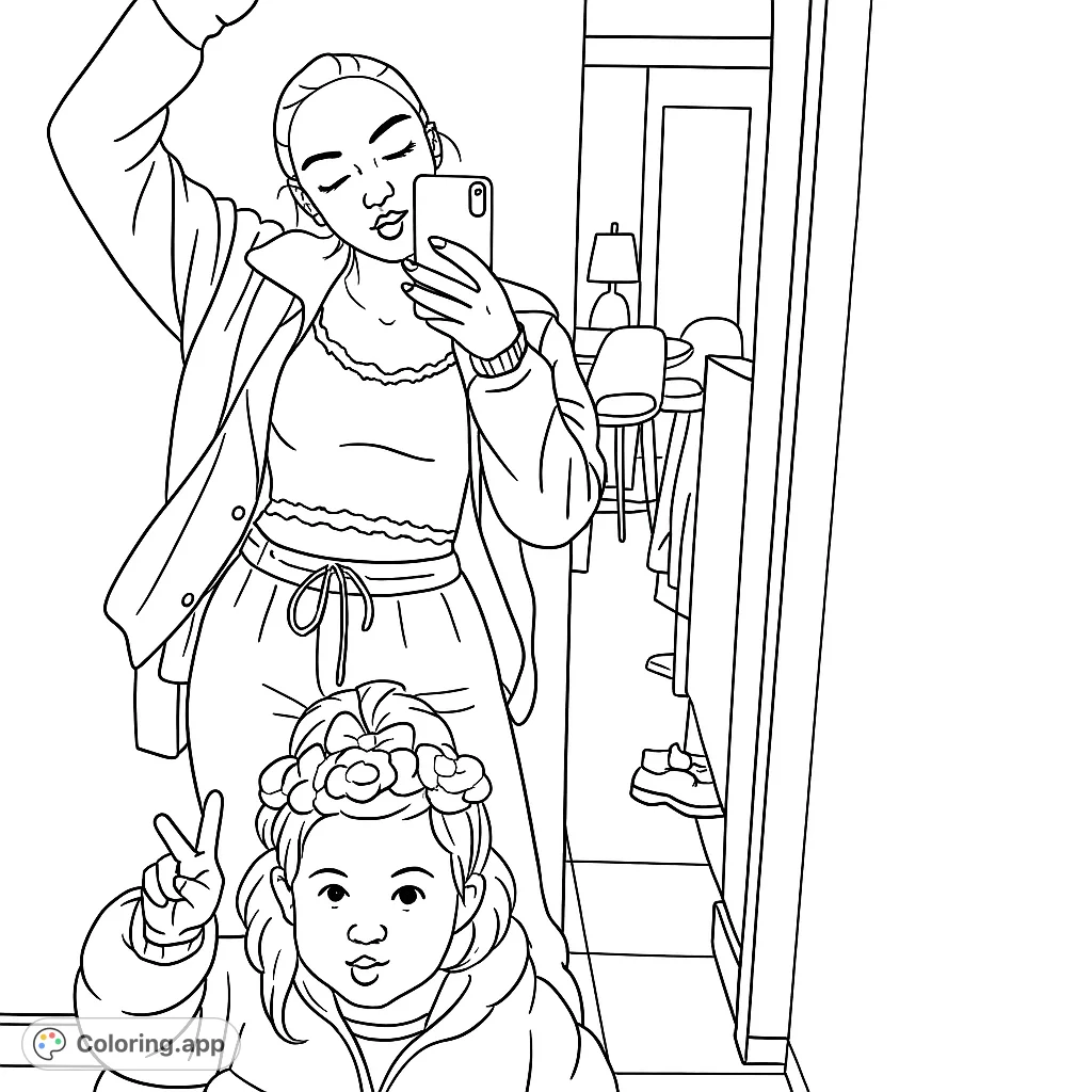 Capture a heartwarming selfie moment between a woman and a child, posing playfully in a mirror. A delightful scene for all ages to personalize.