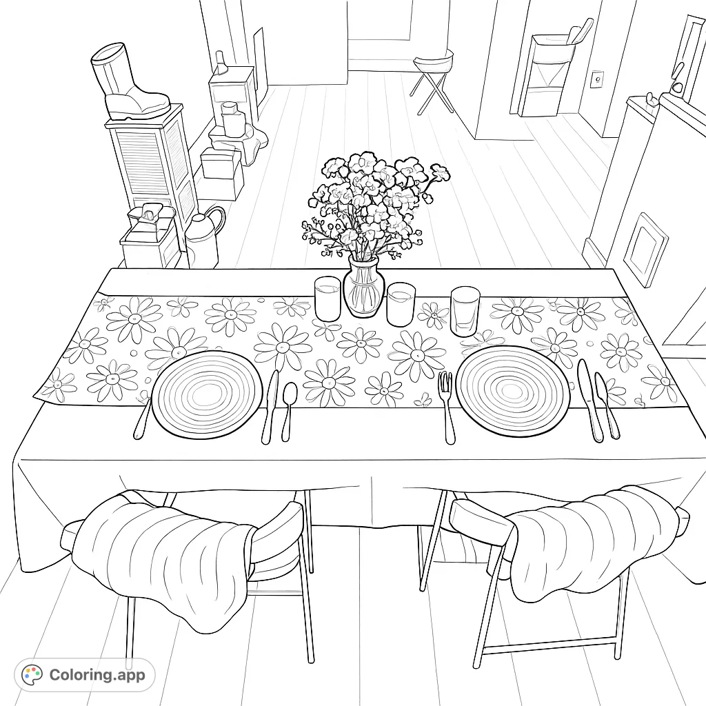 An elegant table set for two, featuring a floral runner, a charming bouquet, and glowing candles, perfect for a romantic dinner coloring page.