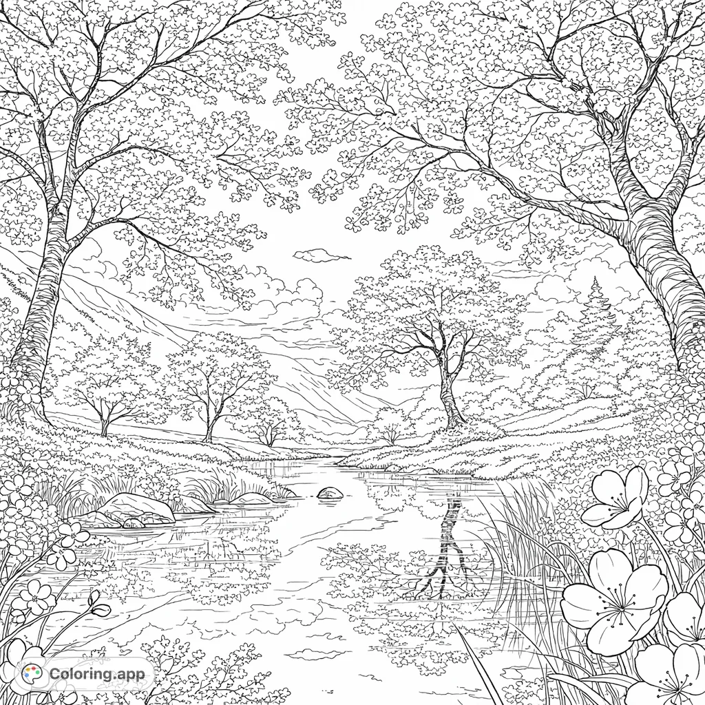 Immerse yourself in a beautiful river landscape surrounded by blooming trees and a serene sky. A peaceful nature scene for all ages to color.