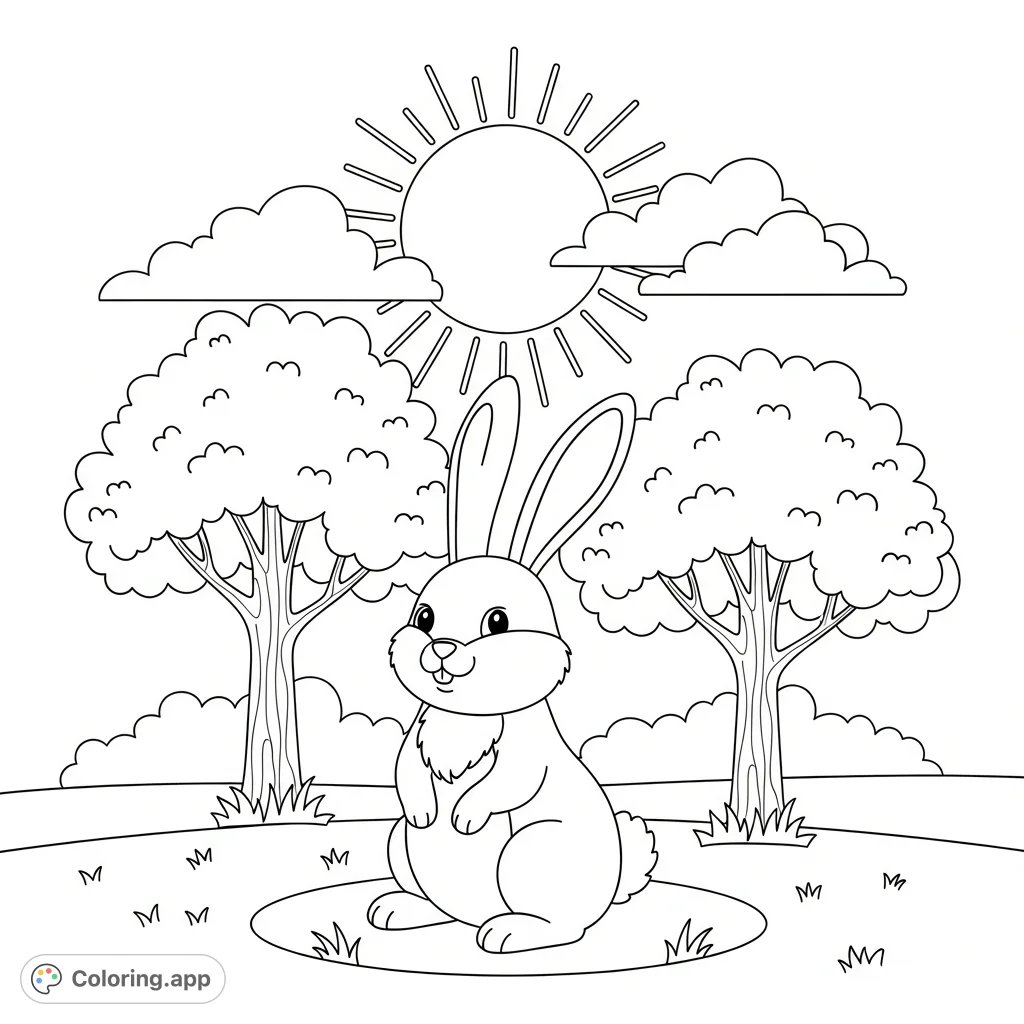 A delightful rabbit sits happily among simple trees under a beaming sun. Perfect for young artists, this easy printable offers fun, creative coloring!