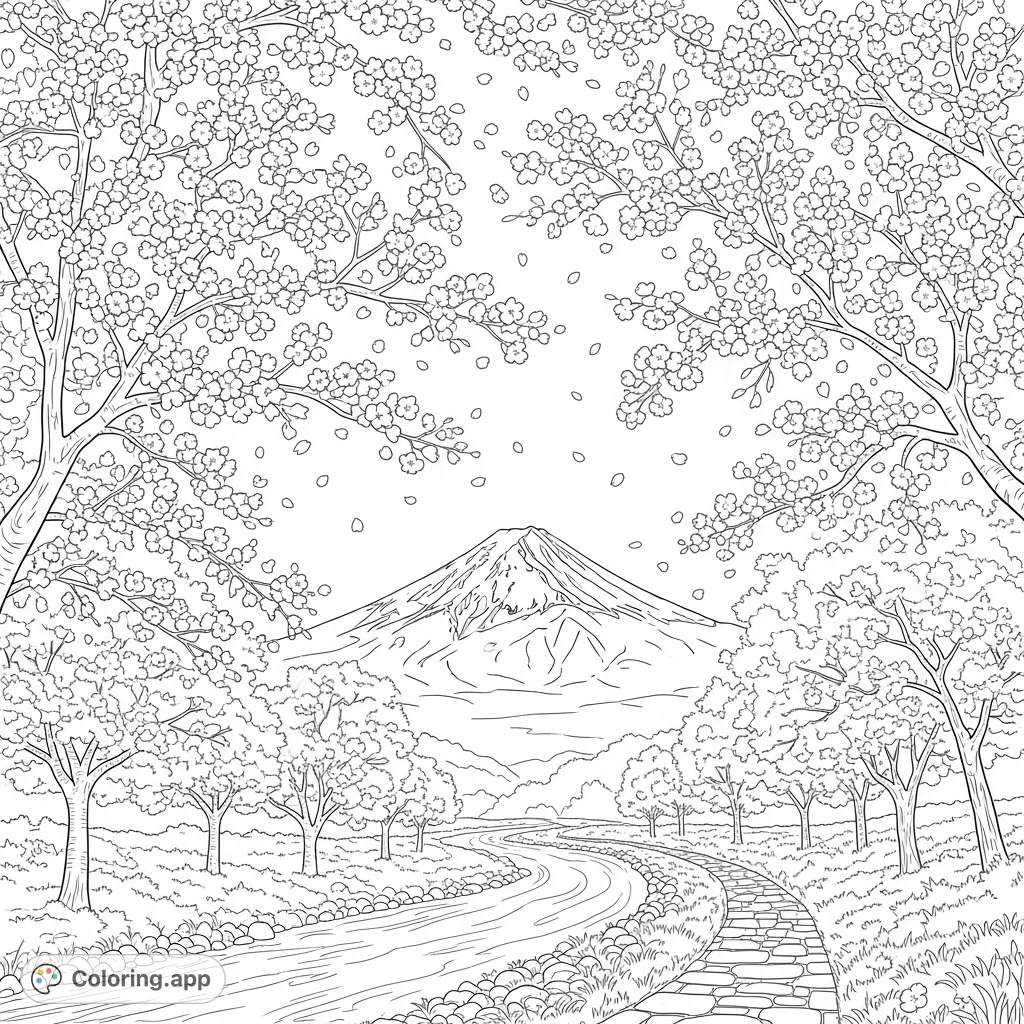 A tranquil scene featuring graceful cherry blossom trees shedding petals by a serene river, with the majestic Mount Fuji standing tall in the distant background.