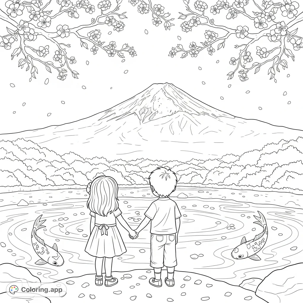 A picturesque Mount Fuji coloring page featuring children holding hands, a koi pond, and blooming cherry blossoms. A serene, free printable coloring page for all ages.