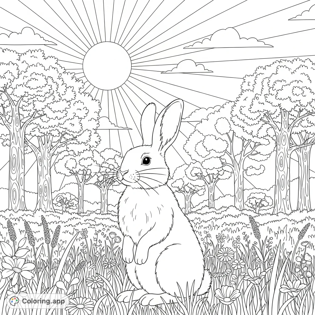 A charming coloring page featuring a fluffy rabbit enjoying a sunny day amidst a field of wildflowers, with a detailed forest background. Perfect for nature lovers!