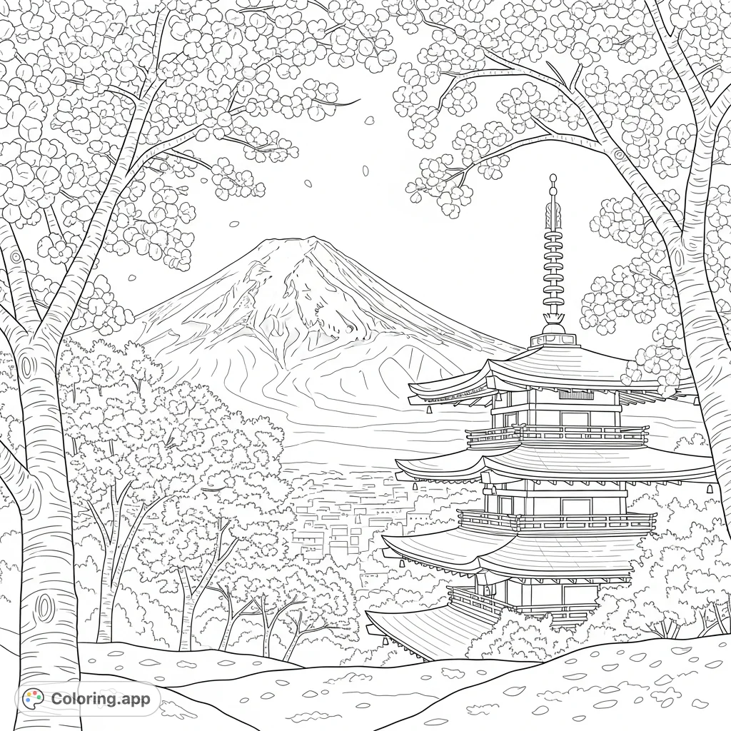 Experience the serene beauty of cherry blossoms framing a traditional pagoda, set against the majestic backdrop of Mount Fuji. A tranquil Japanese landscape.