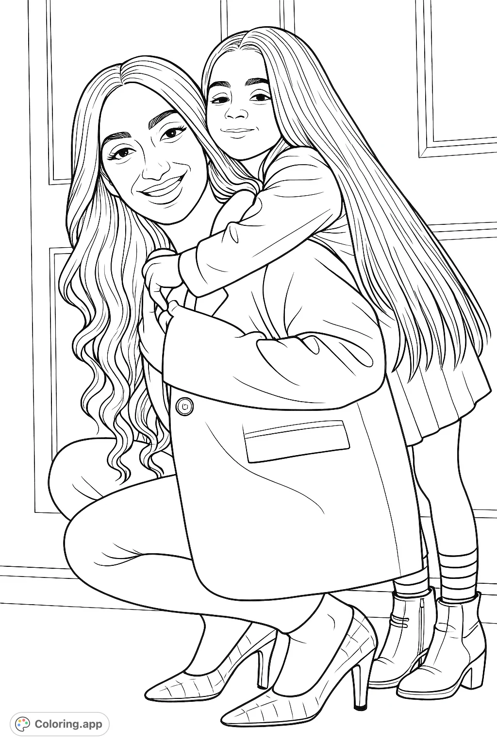 Capture the loving bond between a mother and daughter in this heartwarming coloring page, perfect for all ages to personalize with creative flair.