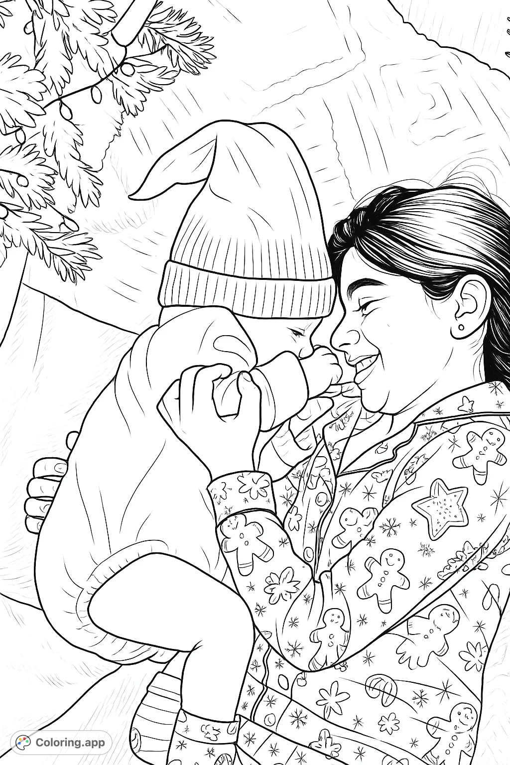 A heartwarming holiday coloring page featuring a smiling girl embracing a baby in a festive cap. Perfect for celebrating family bonds and seasonal joy.