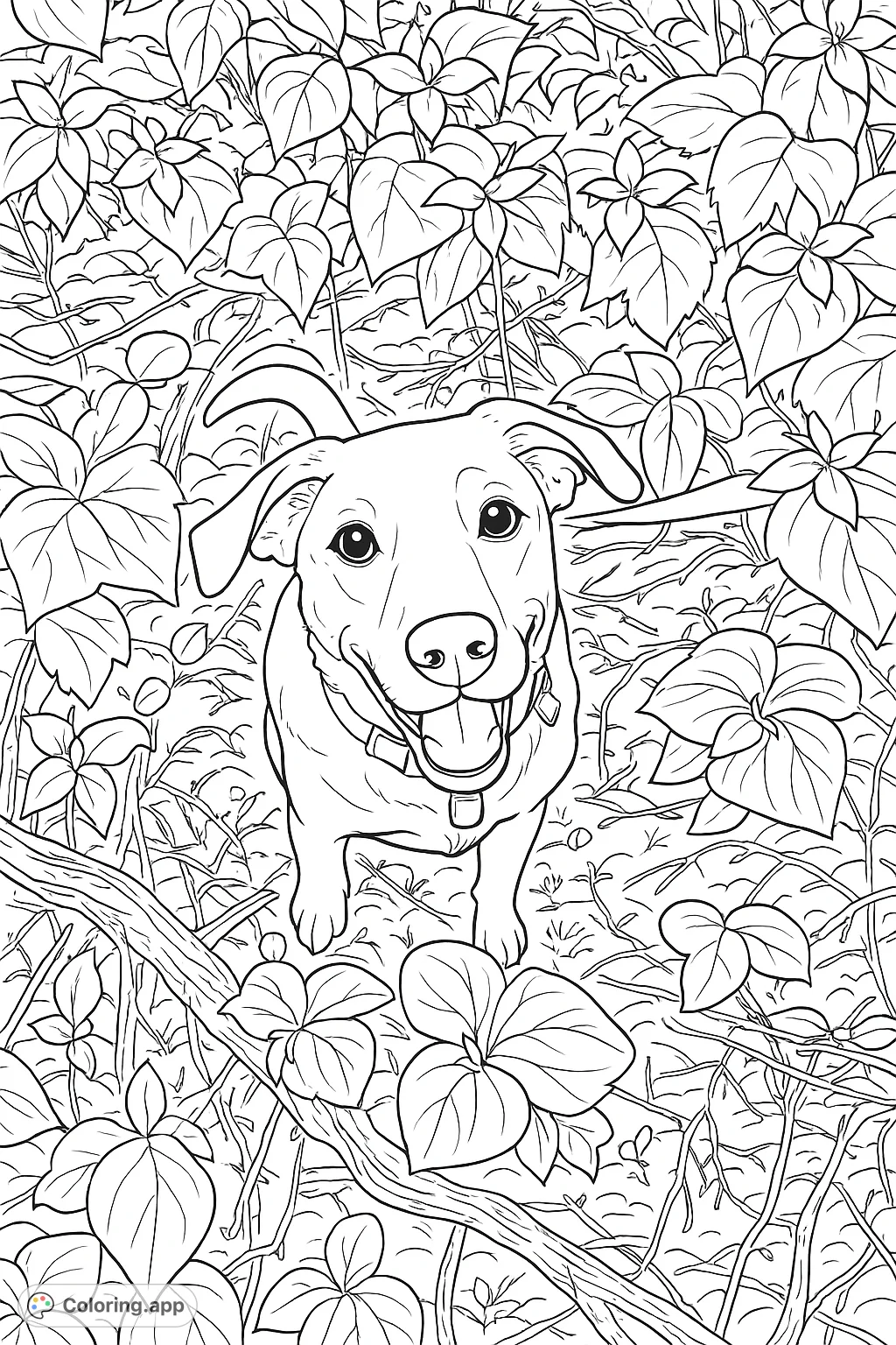 A delightful coloring page featuring a happy dog amidst a lush forest floor with charming flowers. Perfect for nature and animal lovers.