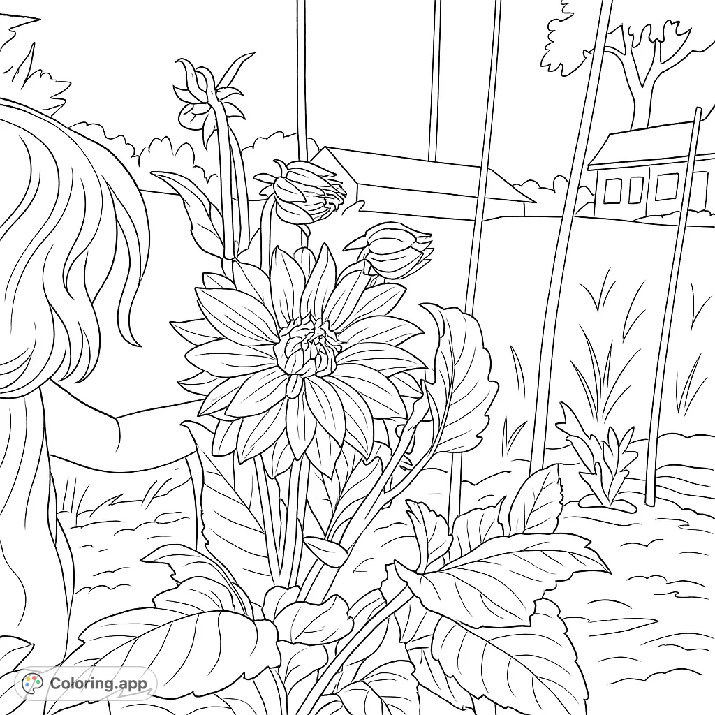 Explore a beautiful dahlia blossom in a garden, with a child's gentle presence. Features intricate petals and natural foliage, perfect for a peaceful coloring experience.