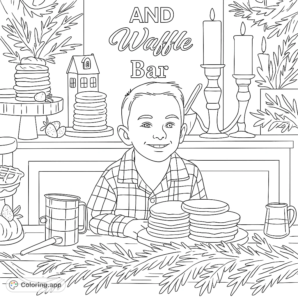 A cheerful boy enjoys a festive waffle and pancake bar, surrounded by delicious treats and holiday decorations. A delightful scene for all ages.