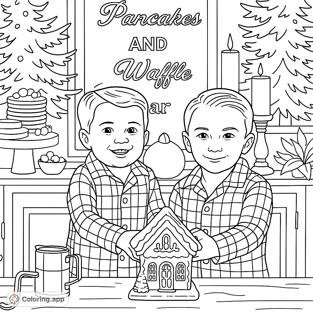 Two cheerful boys in plaid pajamas hold a detailed gingerbread house amidst a festive baking scene. Perfect for holiday joy and creative coloring fun!