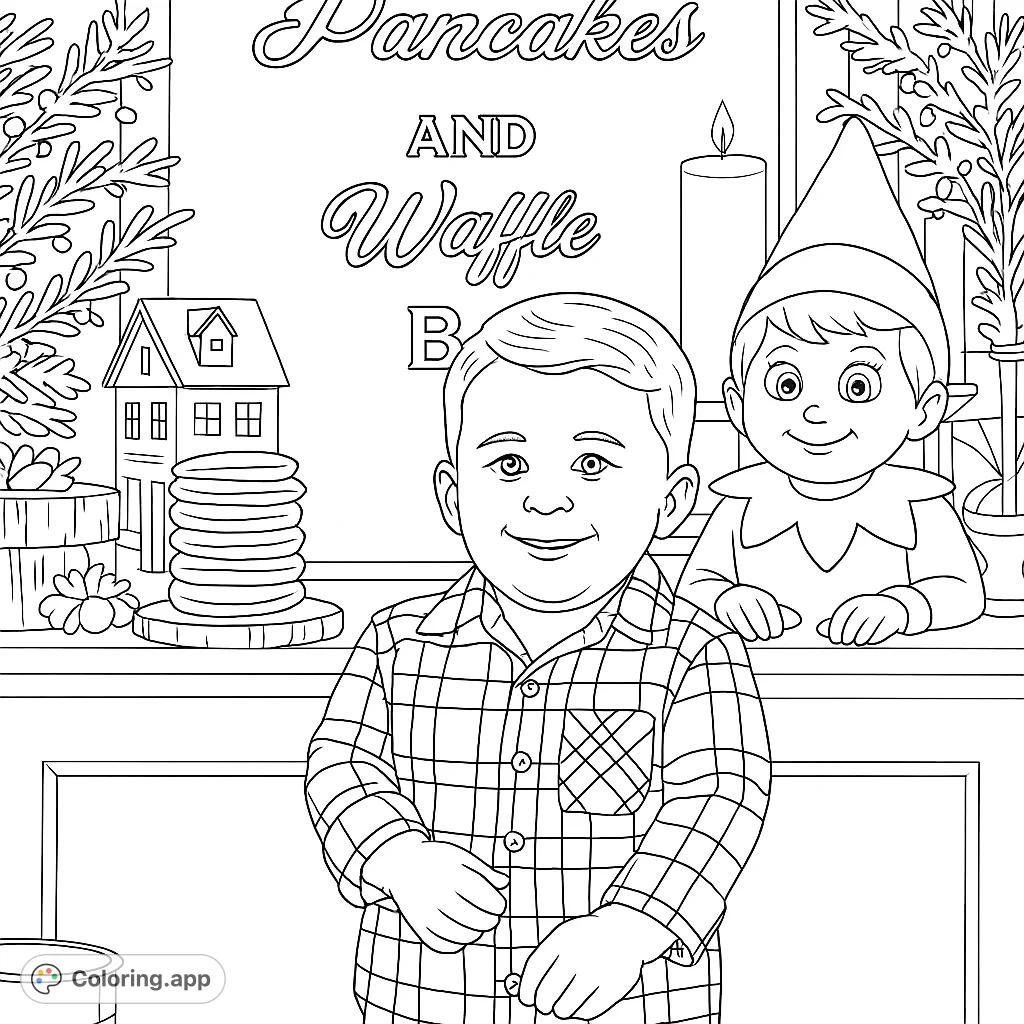 A delightful scene featuring a smiling child and an elf doll amidst a festive breakfast display with pancakes, berries, and holiday decorations. Perfect for joyful coloring!