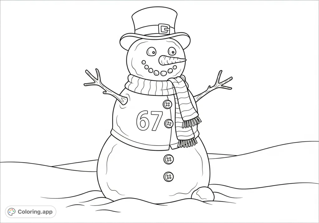 A cheerful snowman wearing a shirt adorned with the number 67. A fun and free printable snowman coloring page for kids and adults, perfect for personalization.