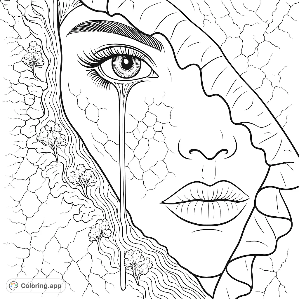 A captivating fantasy coloring page featuring a woman's face with cracked skin and a flowing stream, revealed through torn textures. Explore depth and emotion.