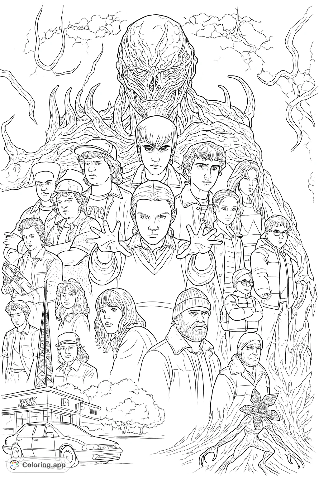 Epic ensemble of heroes facing otherworldly threats. Features key characters and formidable creatures in a dynamic composition, inviting intricate coloring.