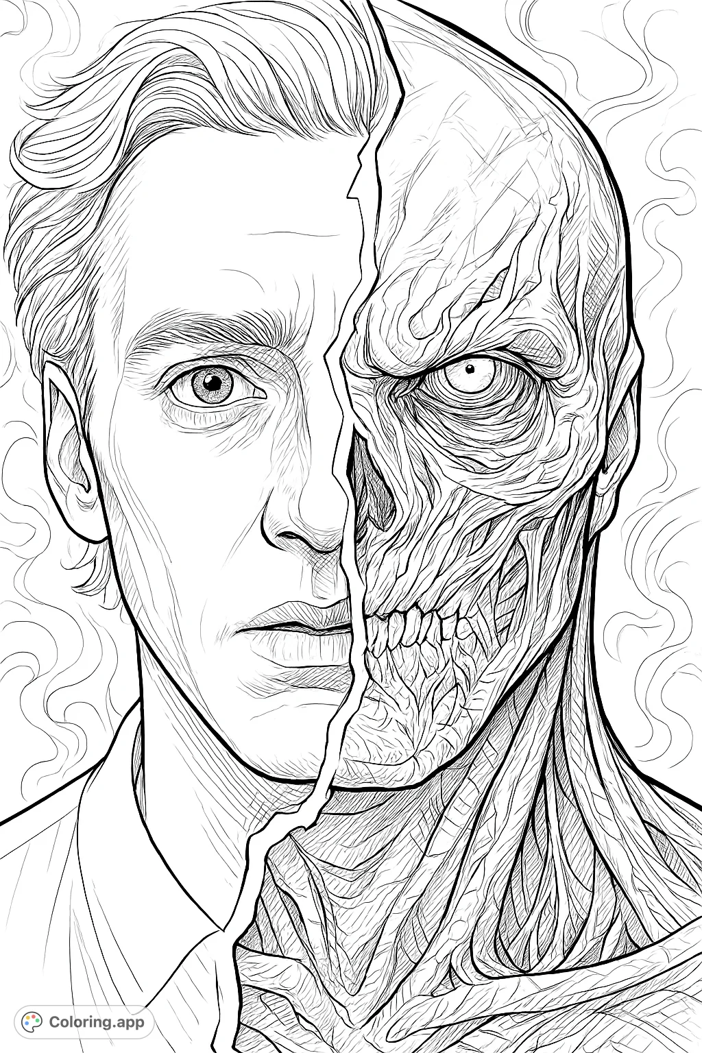 Explore a captivating split portrait of a human and a monstrous form. This detailed coloring page offers a unique challenge for adult colorists.