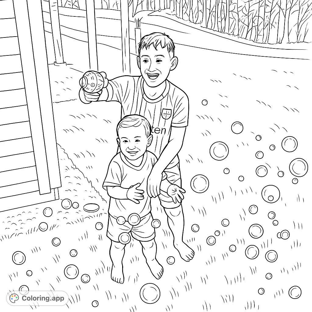 A delightful scene of two cheerful boys enjoying an outdoor bubble adventure in a grassy backyard. Filled with playful bubbles and happy expressions.