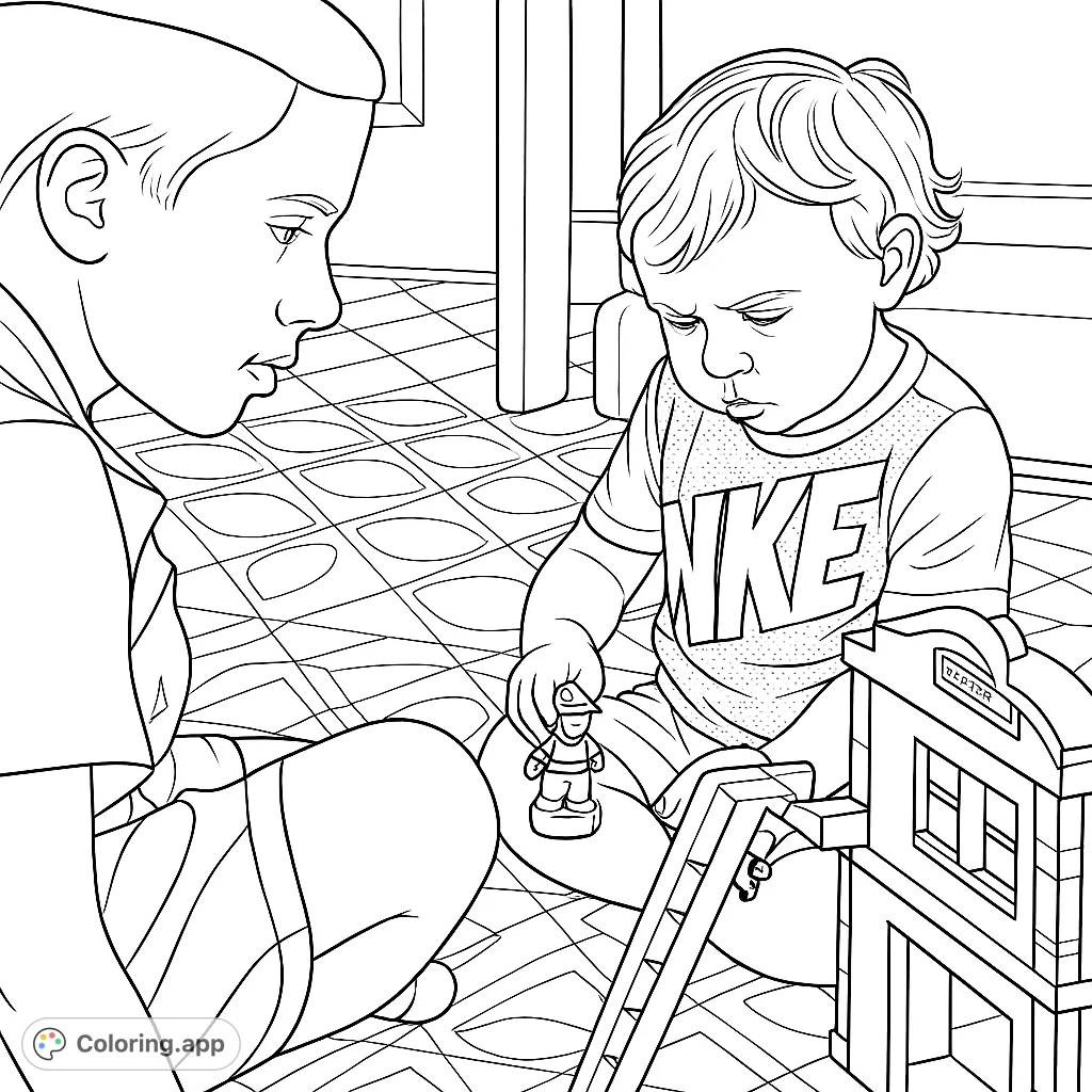 Two boys engaged in imaginative play with a multi-level toy structure and small figures. A heartwarming scene capturing childhood fun and brotherly interaction.