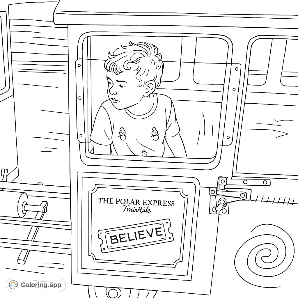 A delightful Polar Express train ride coloring page featuring a child in the engine's cabin, complete with iconic movie details. Perfect for young adventurers.