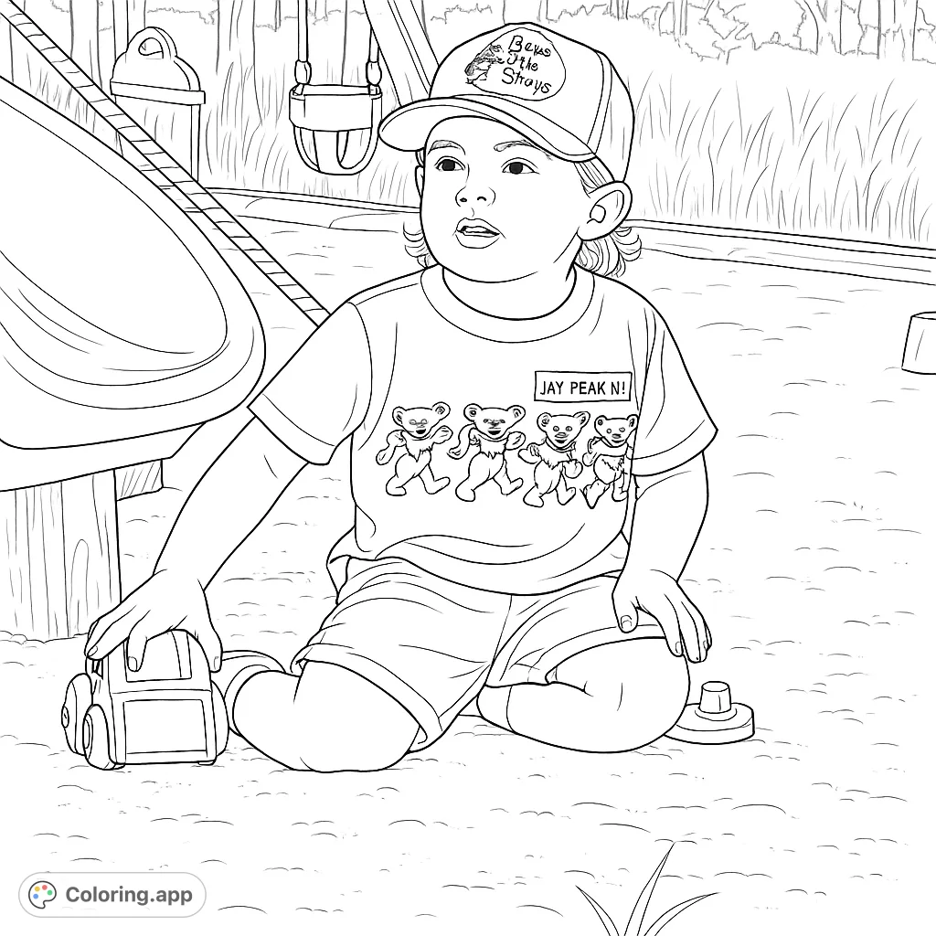 A charming coloring page of a child playing with toys in a sandbox, featuring a playful t-shirt design and a playground setting. Perfect for young artists.