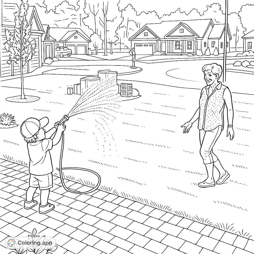 A delightful scene of a child playfully spraying water from a hose on a sunny lawn, with an adult observing. Perfect for a fun outdoor activity coloring page.
