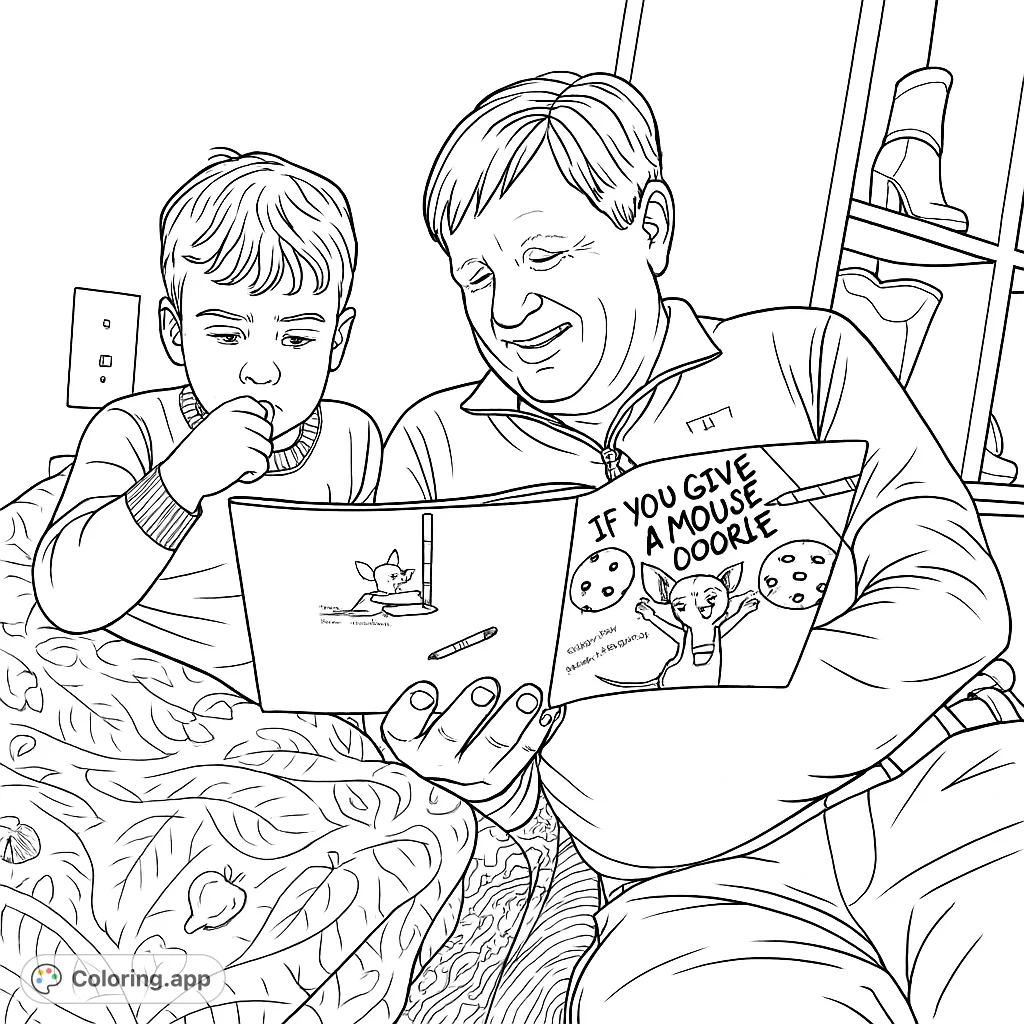 Enjoy this heartwarming reading together coloring page, featuring a man and a child engrossed in a storybook. Perfect for all ages!