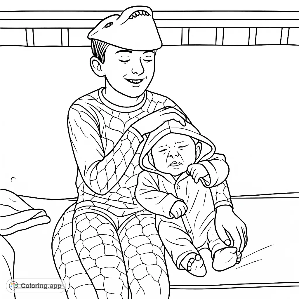 A charming dinosaur-themed coloring page featuring a smiling boy in a costume embracing a crying baby on a couch. Capture a sweet sibling moment.