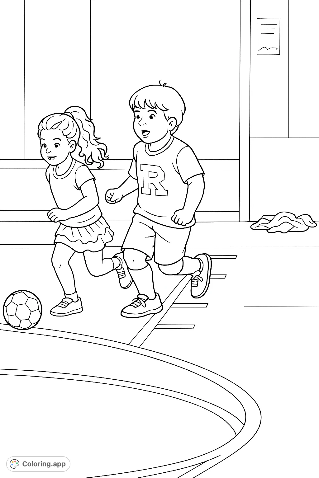 Dynamic kids soccer coloring page capturing two children enthusiastically dribbling a ball on an indoor court. A fun free printable coloring page for sports fans.