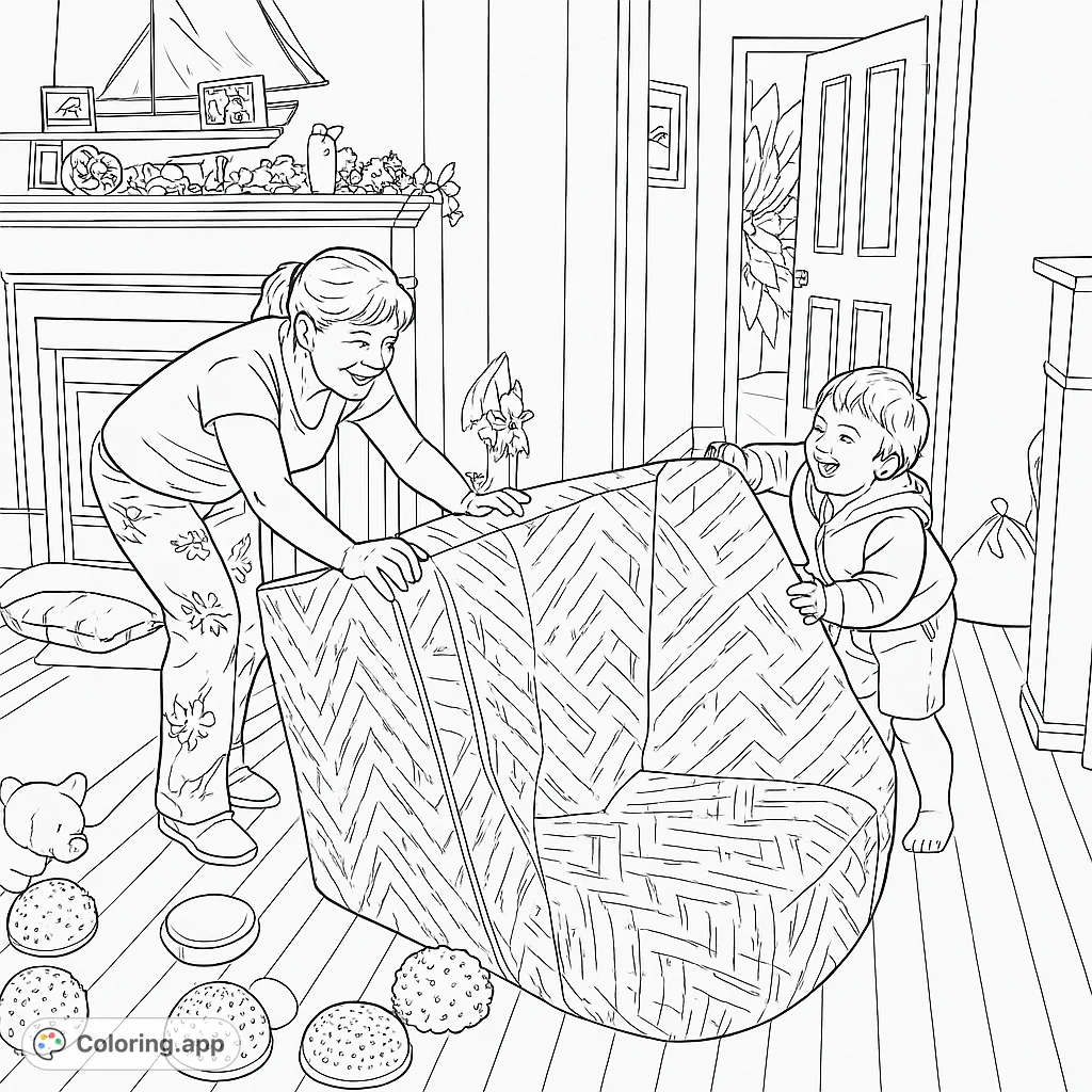 A heartwarming scene of an adult and a child playfully moving a large, patterned soft furniture piece in a cozy living room with scattered toys.