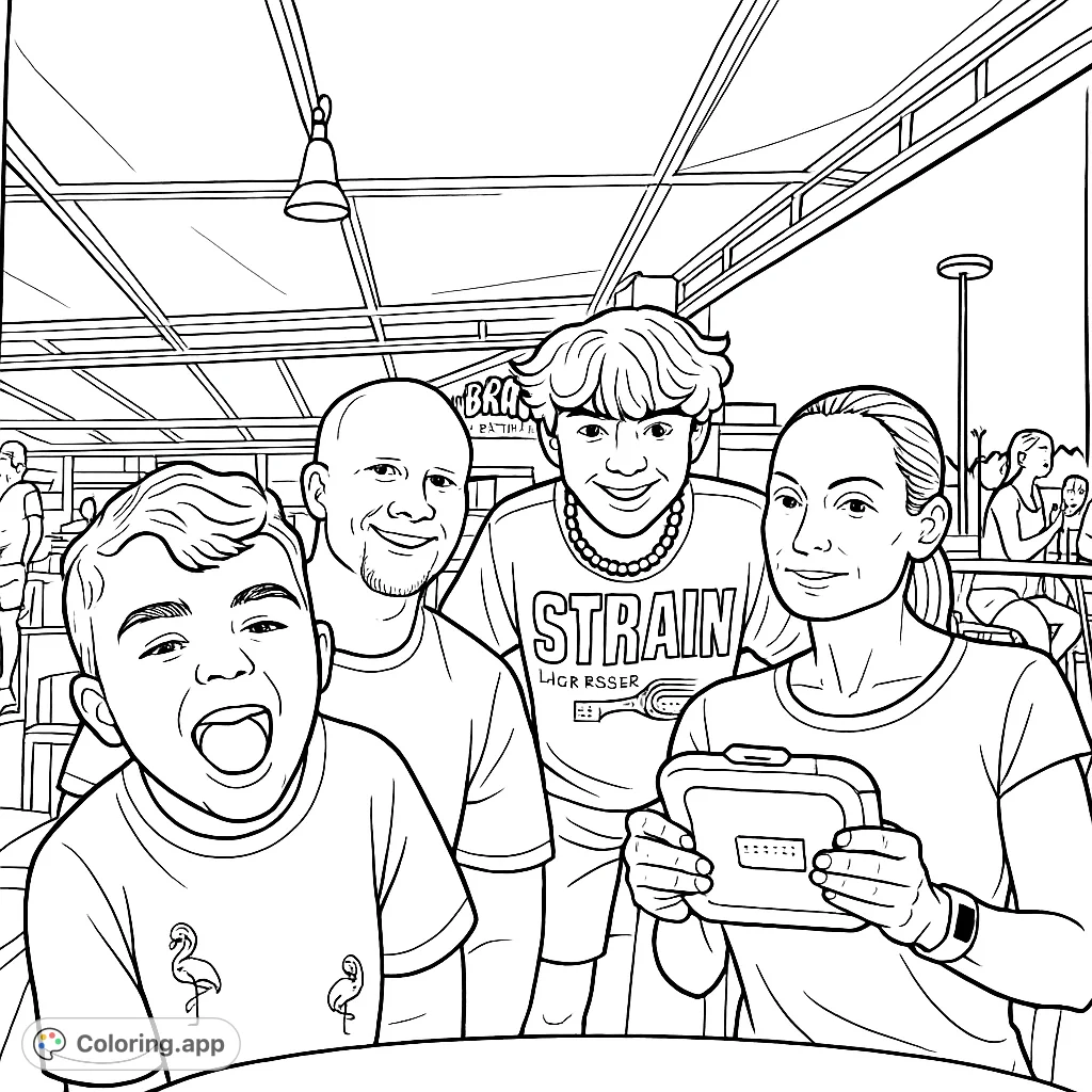 Capture a joyous family moment at an evening restaurant with this engaging family portrait coloring page, featuring expressive faces and an inviting atmosphere.